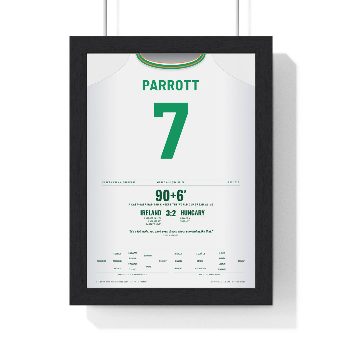 Republic of Ireland 3-2 Hungary 2025 Poster - Parrott 7 Hat-Trick framed in a black frame, ready to hang