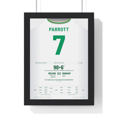 Republic of Ireland 3-2 Hungary 2025 Poster - Parrott 7 Hat-Trick framed in a black frame, ready to hang
