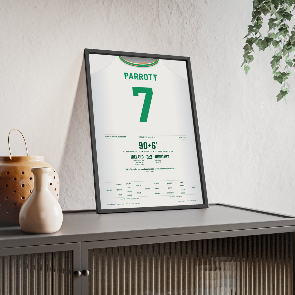 Republic of Ireland 3-2 Hungary 2025 Poster - Parrott 7 Hat-Trick framed and leaning on a sideboard