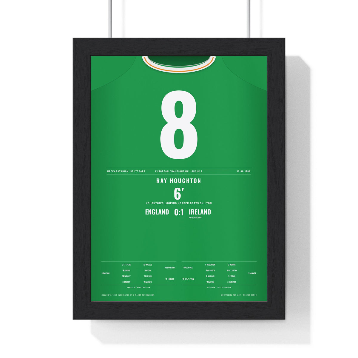 Republic of Ireland Euro 88 Poster - Ray Houghton 8 Header v England Stuttgart Shirt Print framed in a black frame, ready to hang