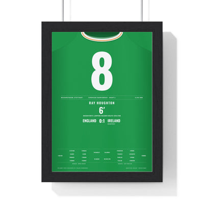 Republic of Ireland Euro 88 Poster - Ray Houghton 8 Header v England Stuttgart Shirt Print framed in a black frame, ready to hang