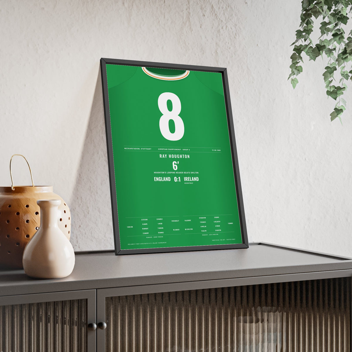Republic of Ireland Euro 88 Poster - Ray Houghton 8 Header v England Stuttgart Shirt Print framed and leaning on a sideboard