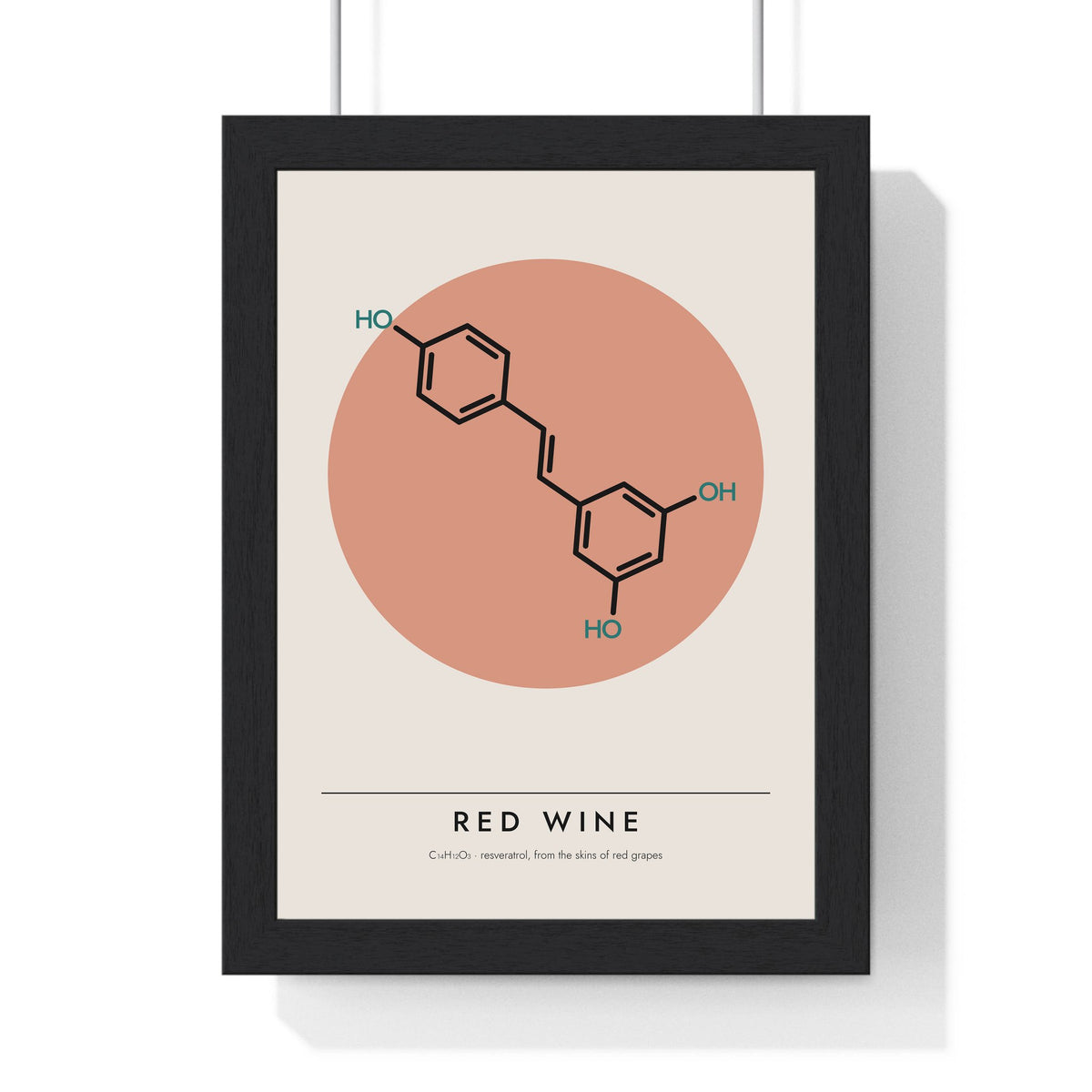Resveratrol Molecule print framed in a black frame, ready to hang