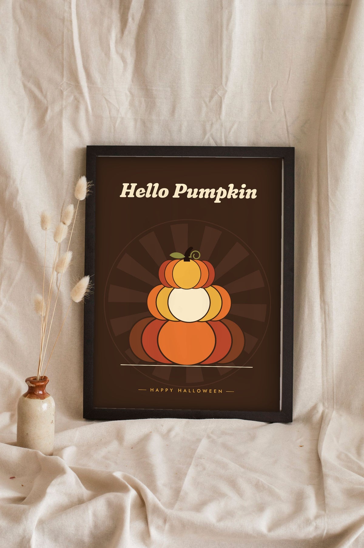 Retro 70s Pumpkin Print - chocolate Hello Pumpkin print leaning in a frame