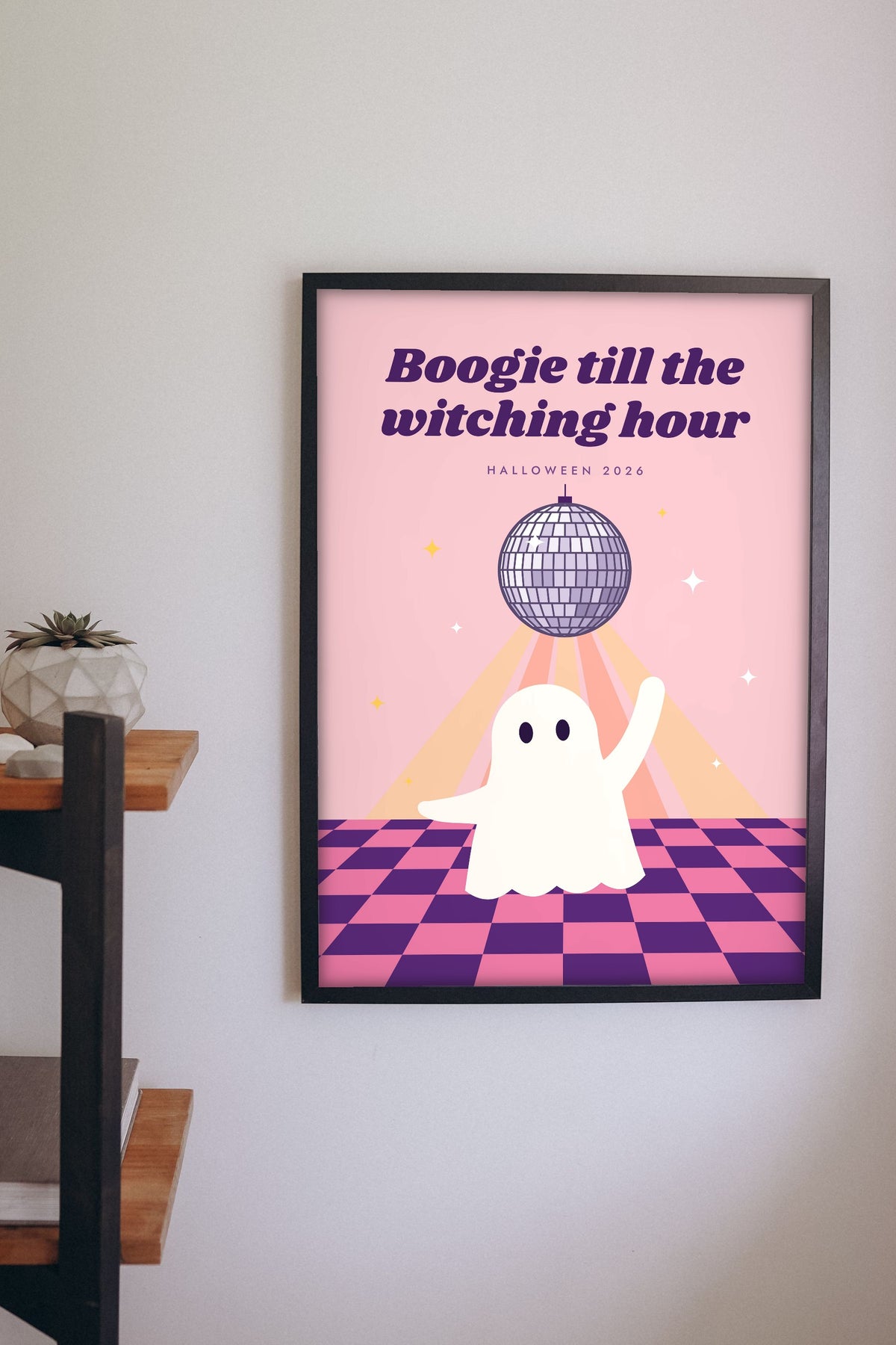 Retro Disco Ghost Halloween Print - disco ghost print on a living room wall