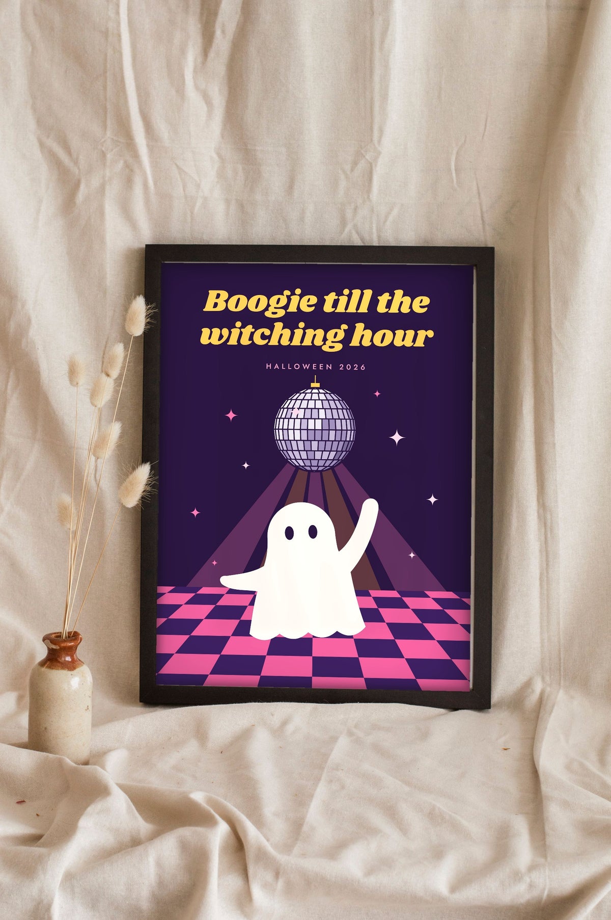 Retro Disco Ghost Halloween Print - deep purple disco ghost print leaning on a shelf