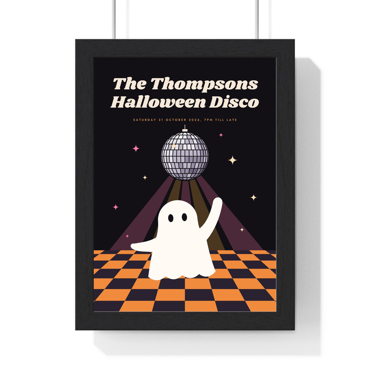 Retro Disco Ghost Halloween Print - framed black Halloween disco party version