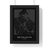 Reykjavík street map poster in black, minimal city map print framed in a black frame