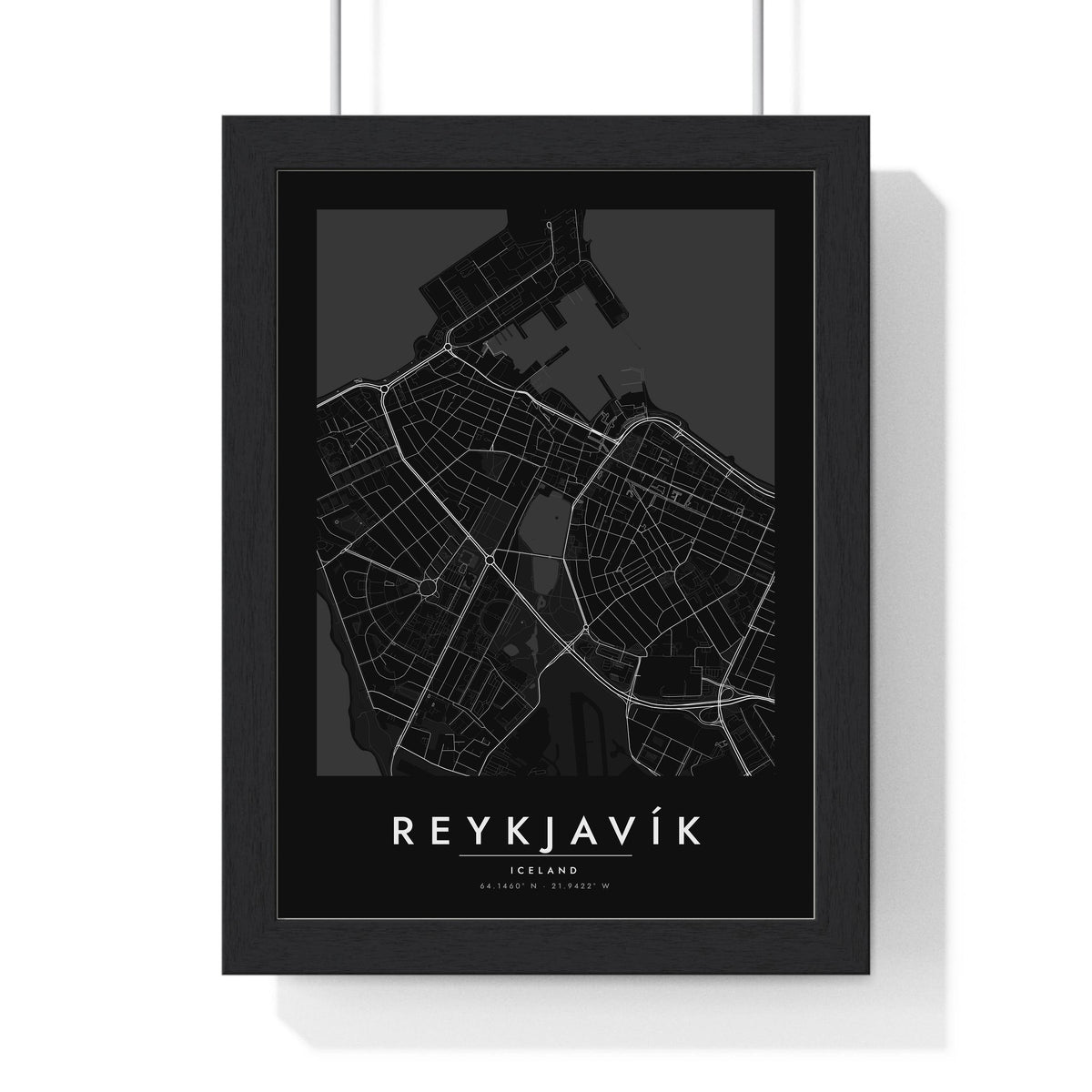 Reykjavík street map poster in black, minimal city map print framed in a black frame
