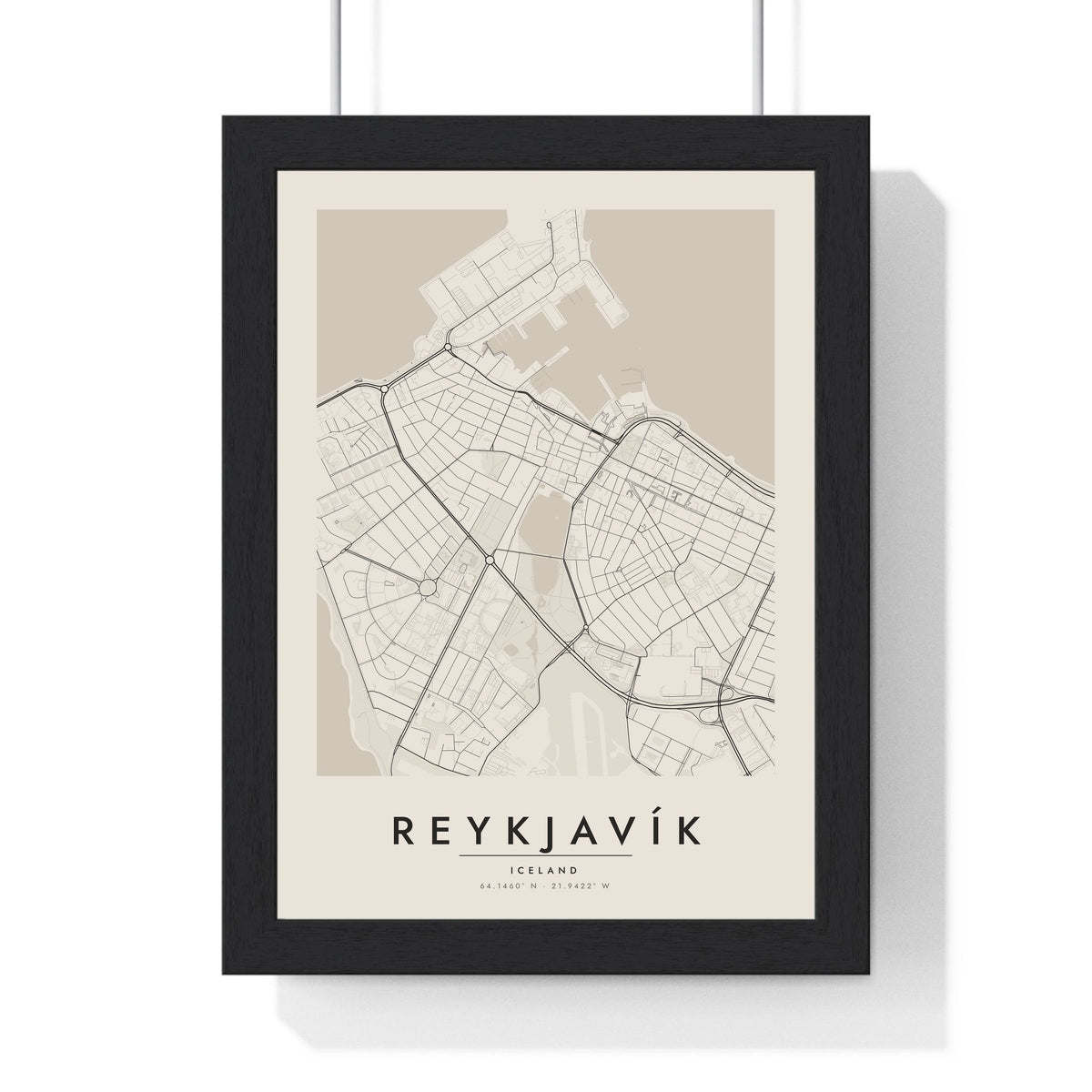 Reykjavík street map poster in cream, minimal city map print framed in a black frame