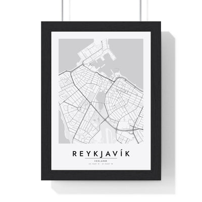 Reykjavík street map poster in white, minimal city map print framed in a black frame