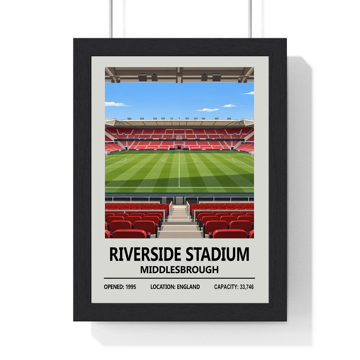 Middlesbrough Riverside Stadium print framed in a black frame, ready to hang