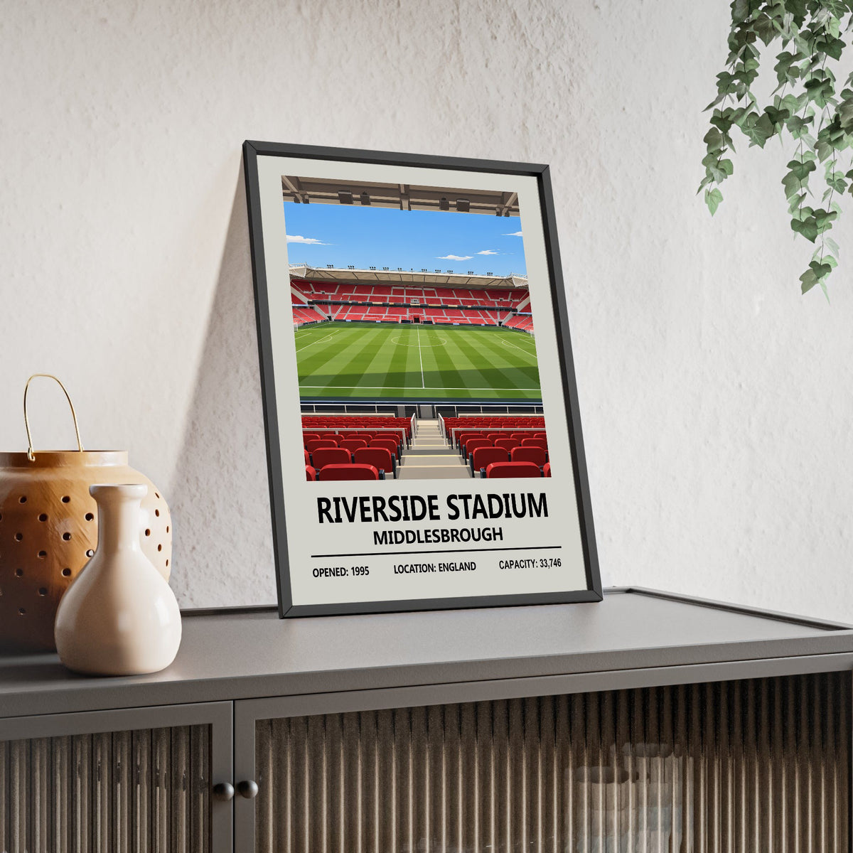 Middlesbrough Riverside Stadium print framed and leaning on a sideboard