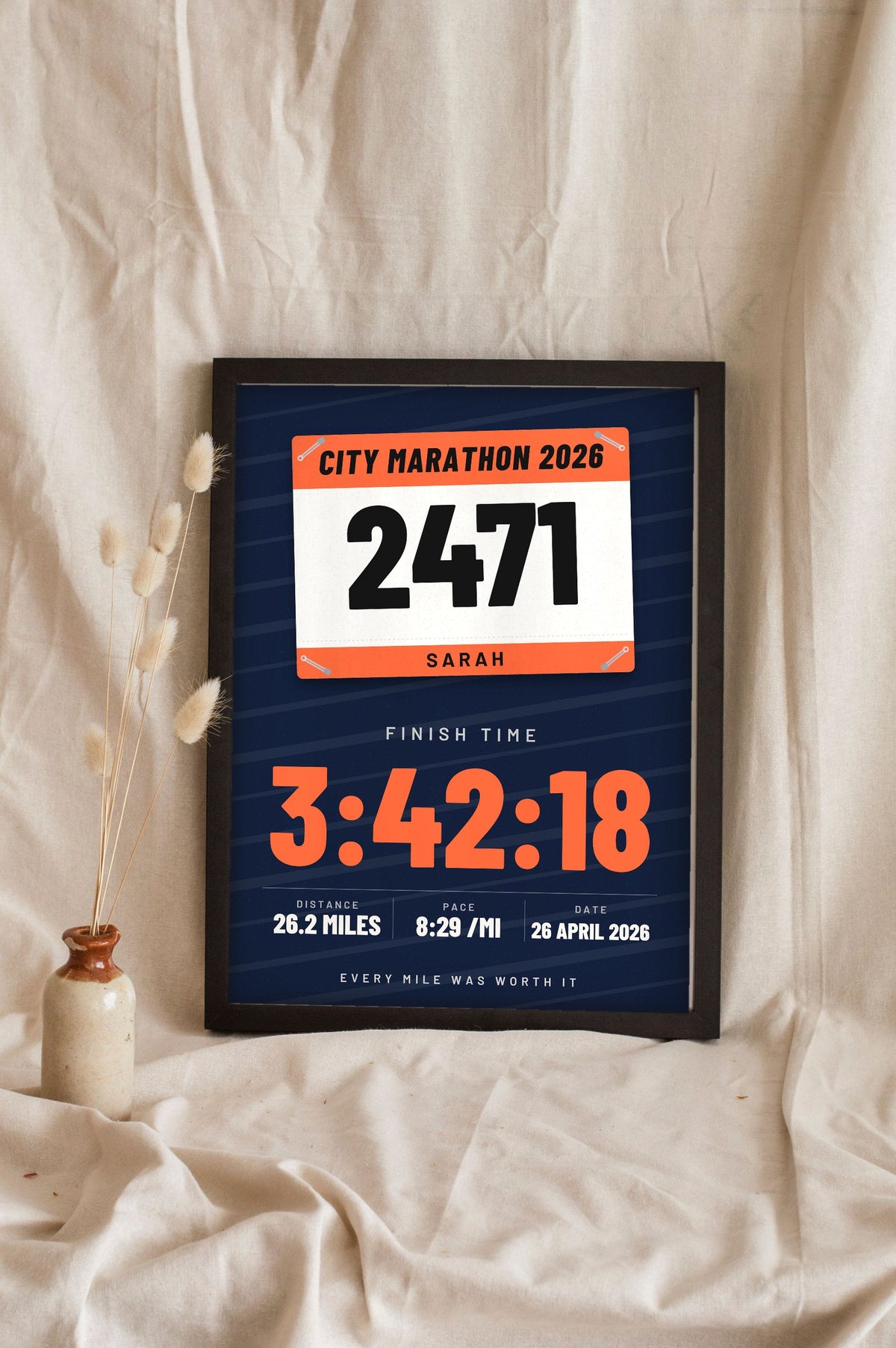 Personalised Marathon Finisher Print - Lifestyle - leaning in a frame with dried flowers