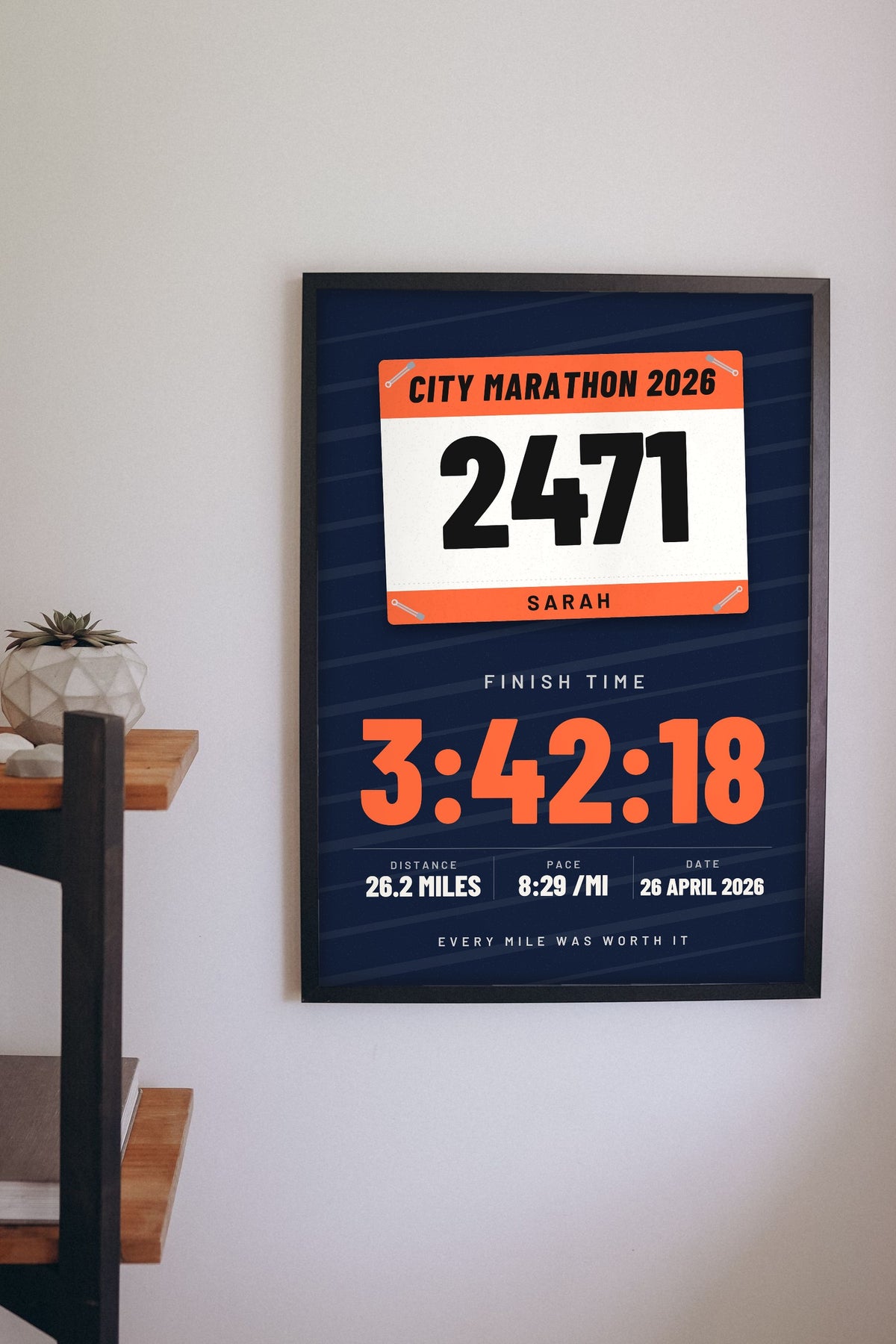 Personalised Marathon Finisher Print - Lifestyle - hanging on a living room wall