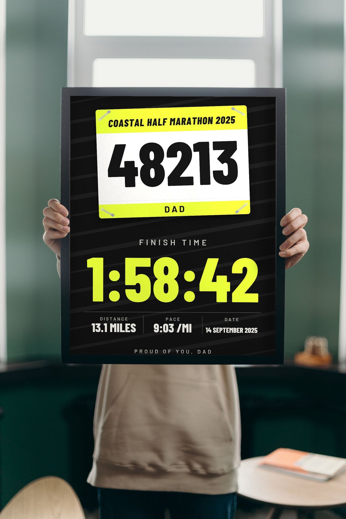 Personalised Marathon Finisher Print - Lifestyle - held up in a bright room