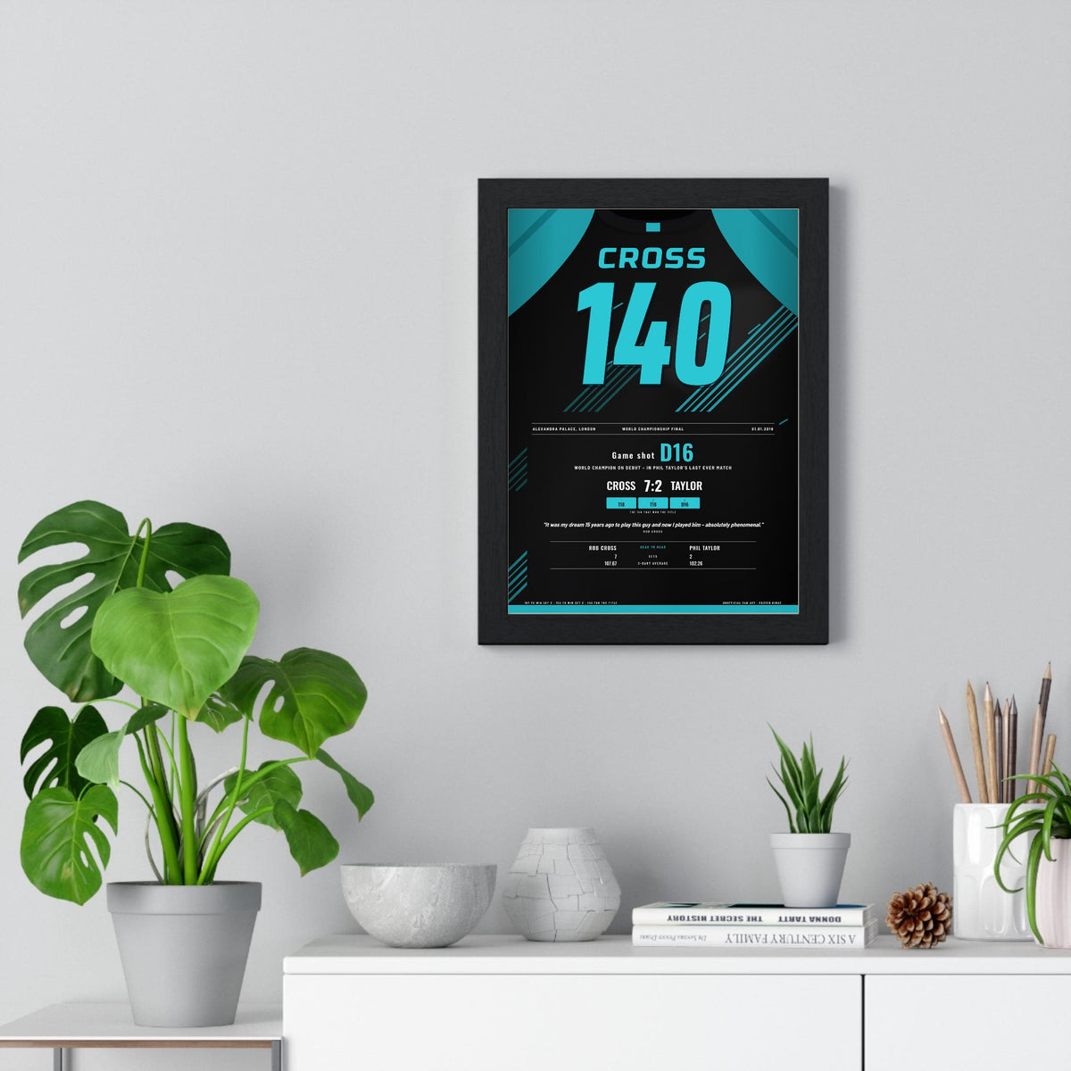 Rob Cross World Darts Final 2018 Darts Poster - 140 to Beat Phil Taylor Shirt Print framed on a living room wall