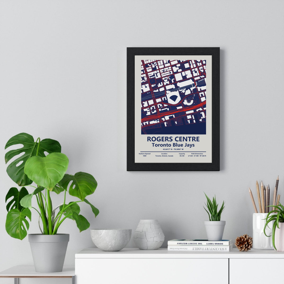 Rogers Centre map print framed on a living room wall
