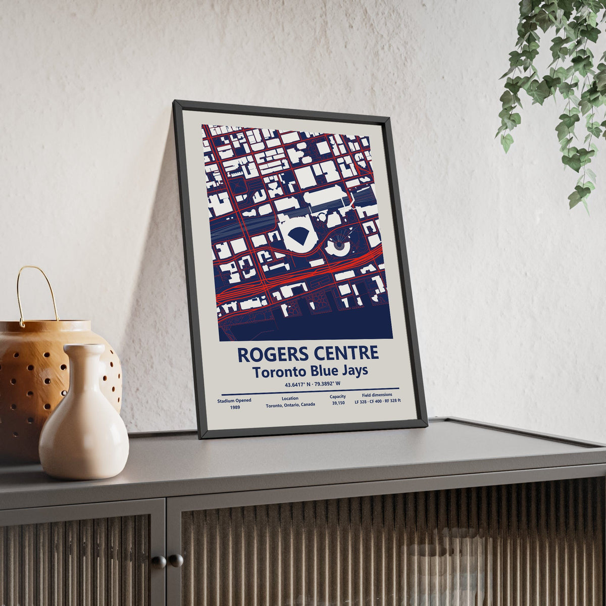 Rogers Centre map print framed and leaning on a sideboard
