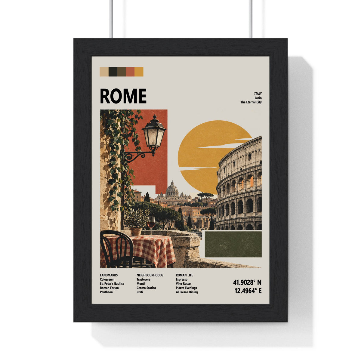 Rome Mid Century Travel print framed in a black frame, ready to hang
