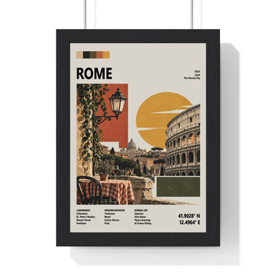 Rome Mid Century Travel print framed in a black frame, ready to hang