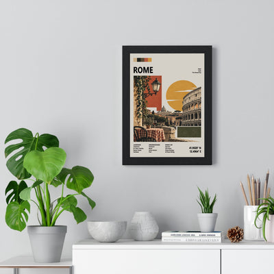 Rome Mid Century Travel print framed on a living room wall