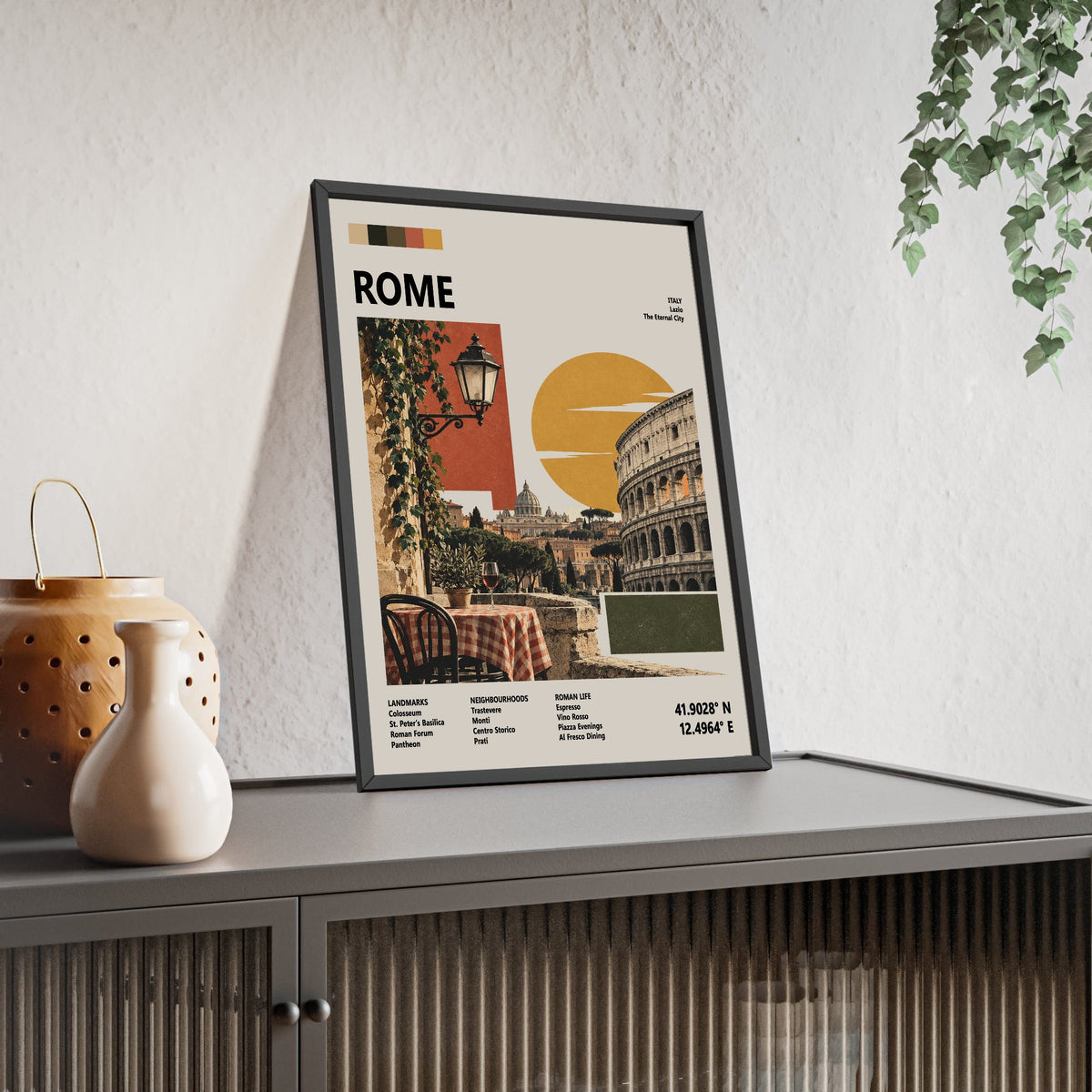 Rome Mid Century Travel print framed and leaning on a sideboard