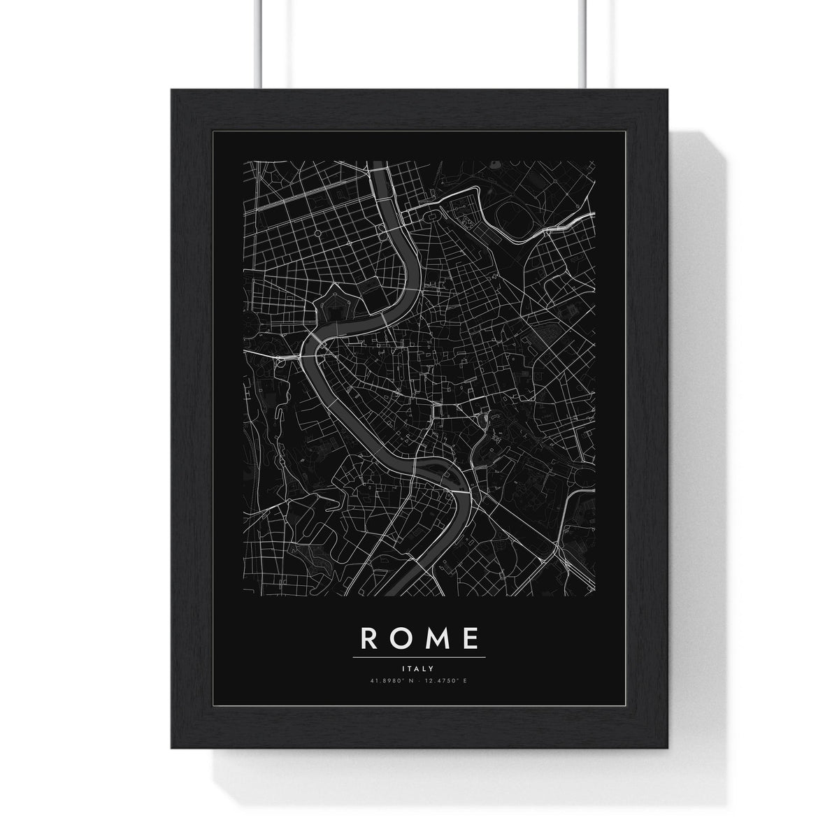 Rome street map poster in black, minimal city map print framed in a black frame