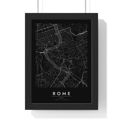 Rome street map poster in black, minimal city map print framed in a black frame