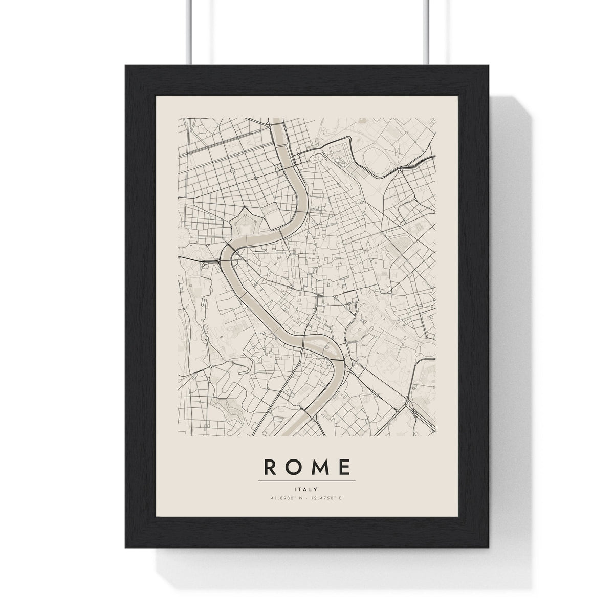 Rome street map poster in cream, minimal city map print framed in a black frame