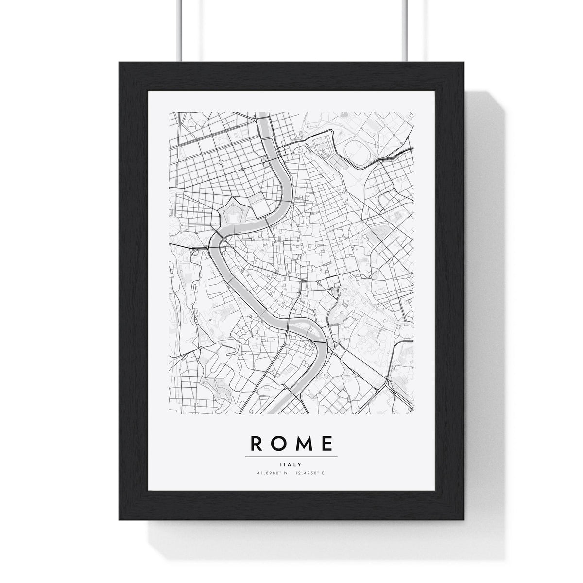 Rome street map poster in white, minimal city map print framed in a black frame