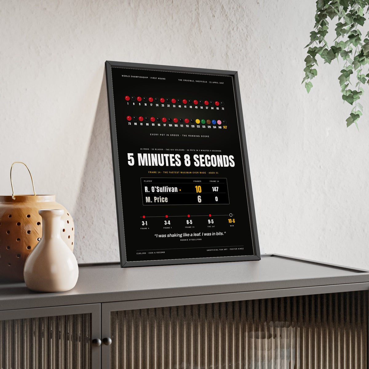 5 Minutes 8 Seconds Snooker print framed and leaning on a sideboard
