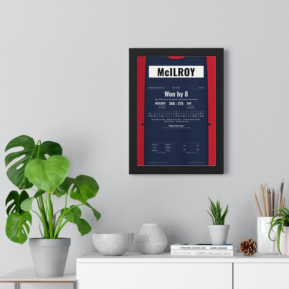 Rory McIlroy Congressional 2011 Golf Poster - Caddie Bib 8 Shot Win Print framed on a living room wall