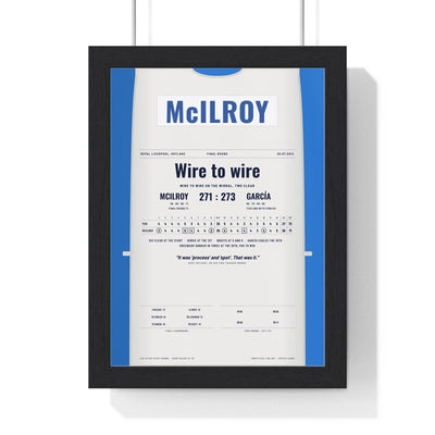 Rory McIlroy Hoylake 2014 Golf Poster - Caddie Bib Wire to Wire Win Print framed in a black frame, ready to hang
