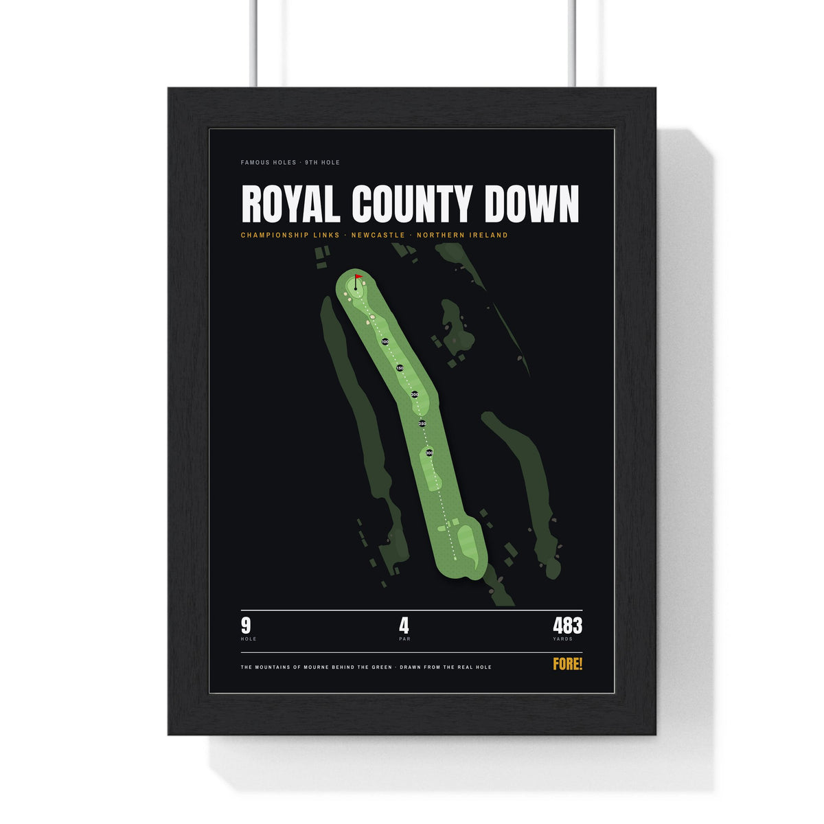 Royal County Down 9th Hole print framed in a black frame, ready to hang