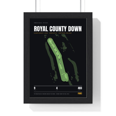 Royal County Down 9th Hole print framed in a black frame, ready to hang