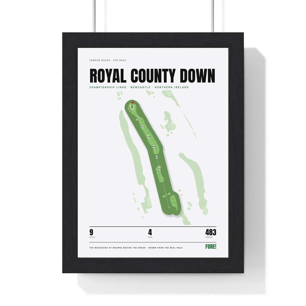 Royal County Down 9th Hole White print framed in a black frame, ready to hang
