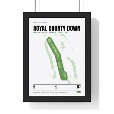 Royal County Down 9th Hole White print framed in a black frame, ready to hang
