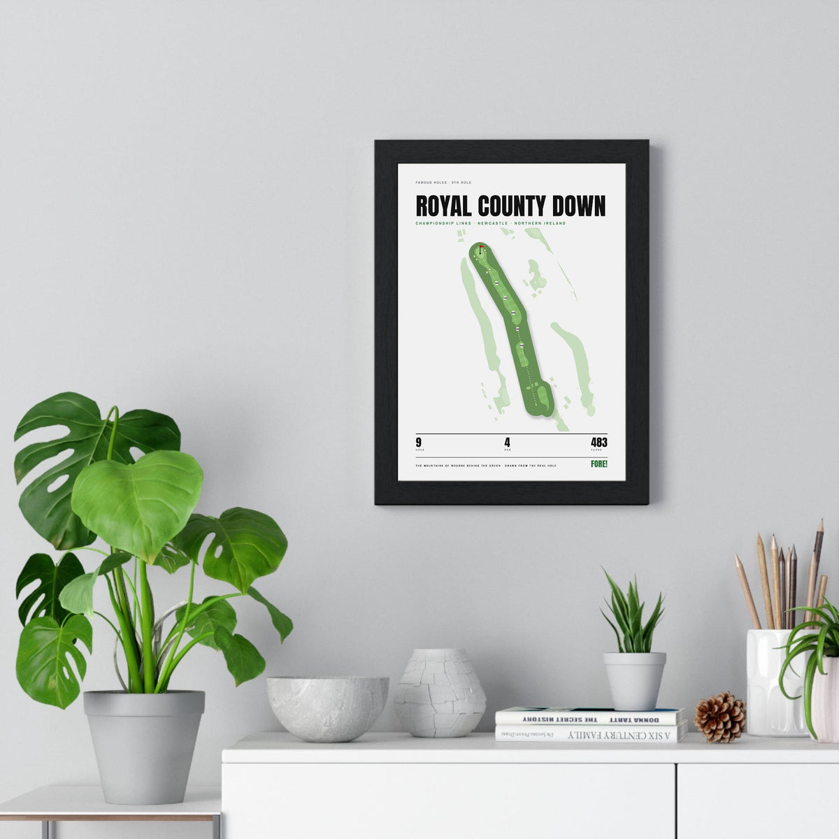 Royal County Down 9th Hole White print framed on a living room wall