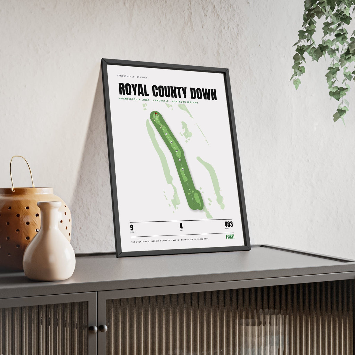 Royal County Down 9th Hole White print framed and leaning on a sideboard