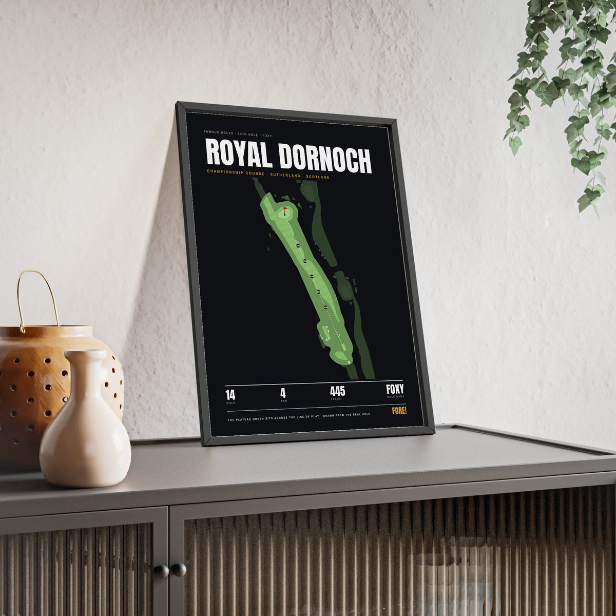 Royal Dornoch 14th Hole print framed and leaning on a sideboard