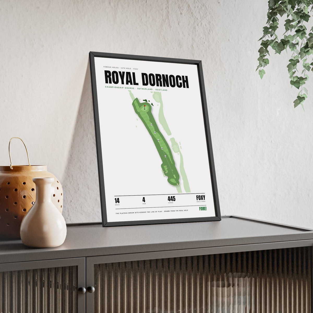 Royal Dornoch 14th Hole White print framed and leaning on a sideboard