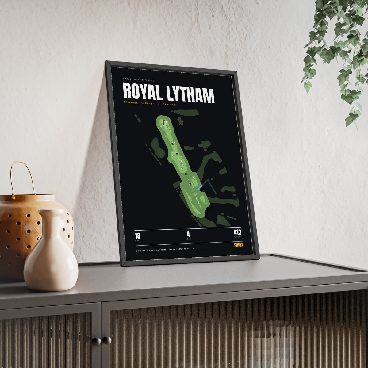 Royal Lytham 18th Hole print framed and leaning on a sideboard
