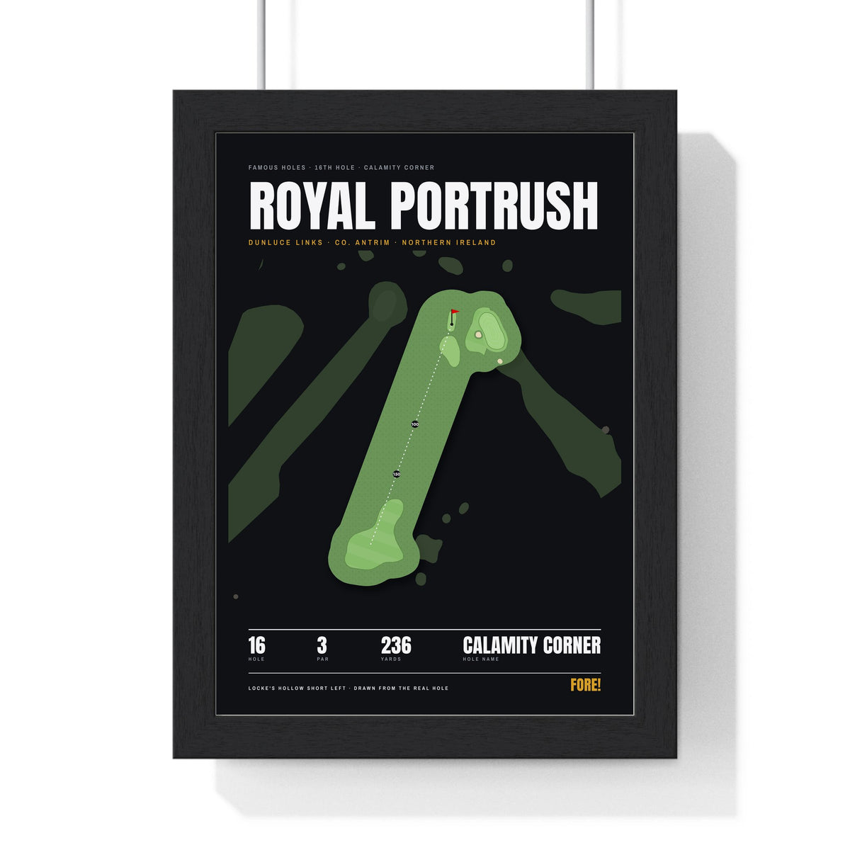 Royal Portrush 16th Hole print framed in a black frame, ready to hang