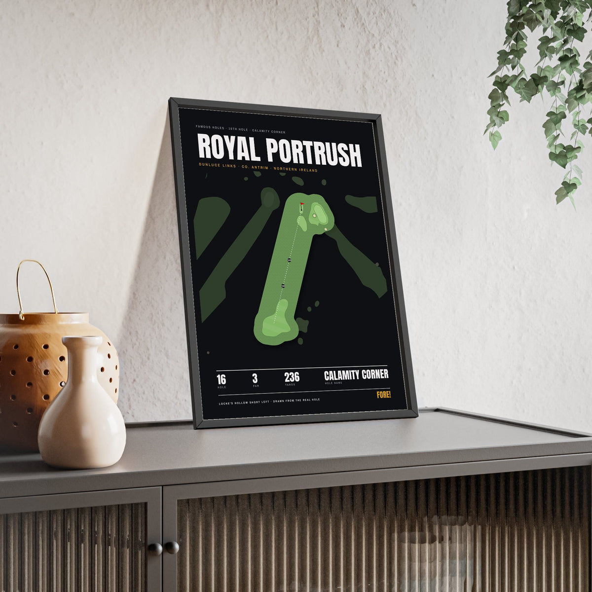 Royal Portrush 16th Hole print framed and leaning on a sideboard