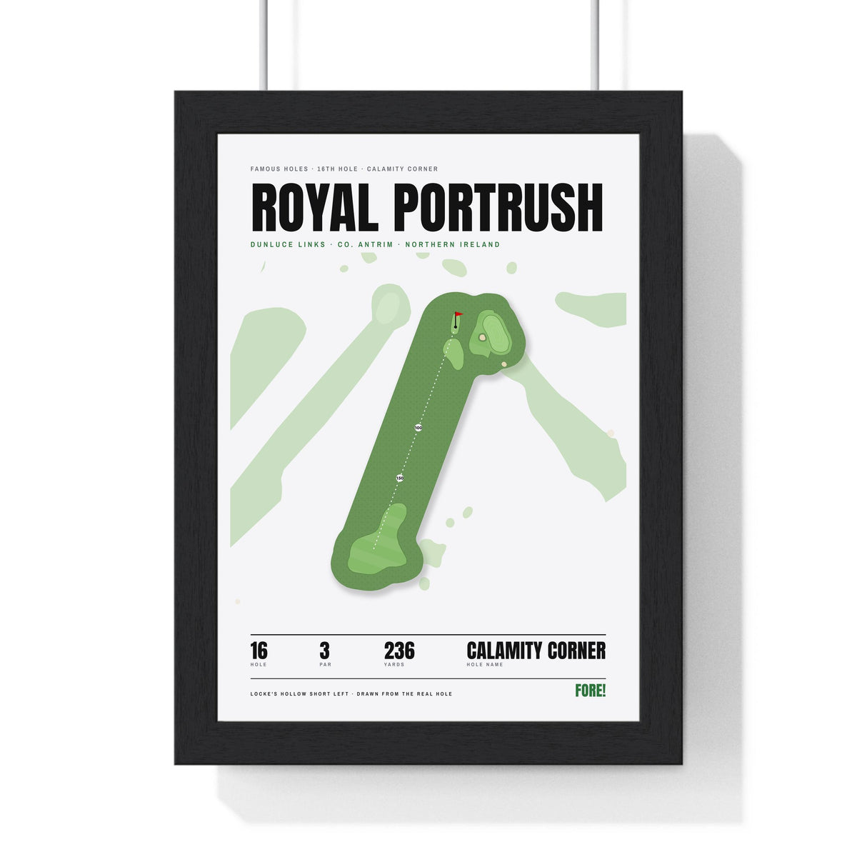 Royal Portrush 16th Hole White print framed in a black frame, ready to hang