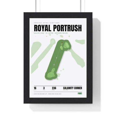 Royal Portrush 16th Hole White print framed in a black frame, ready to hang