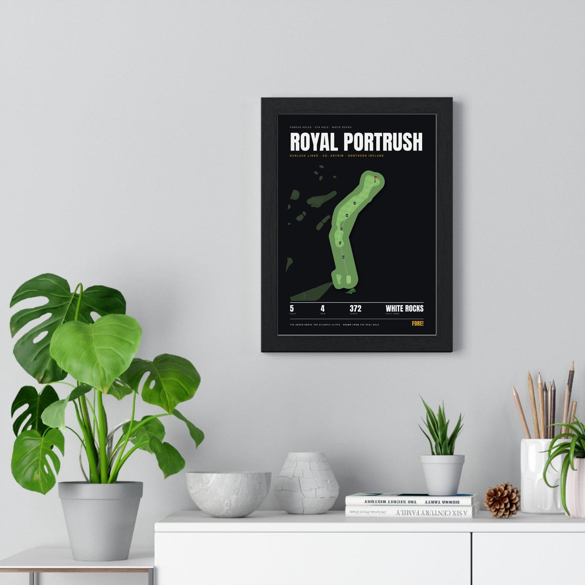 Royal Portrush 5th Hole print framed on a living room wall