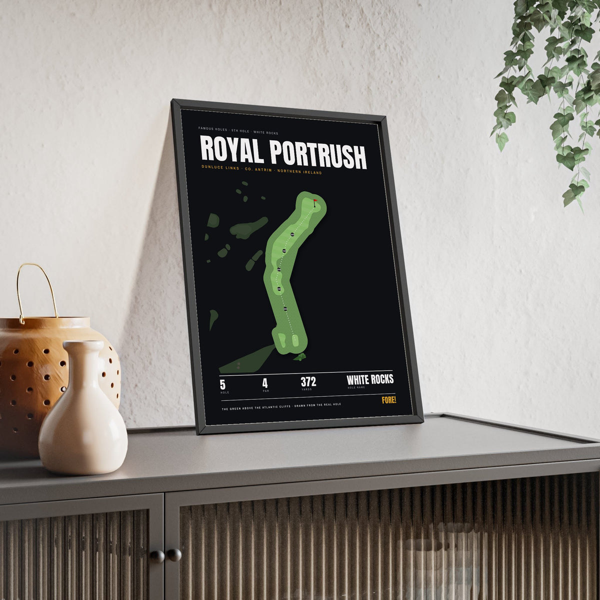 Royal Portrush 5th Hole print framed and leaning on a sideboard