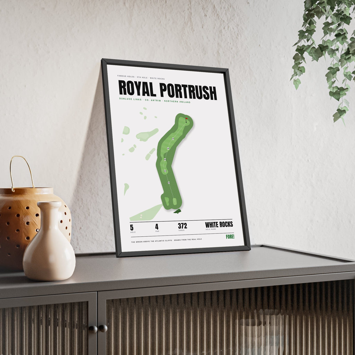 Royal Portrush 5th Hole White print framed and leaning on a sideboard